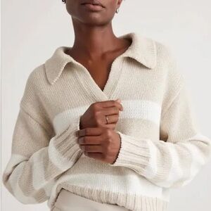 Quince 100% Cotton Cropped Cotton Polo V-Neck Sweater in Beige and White Medium